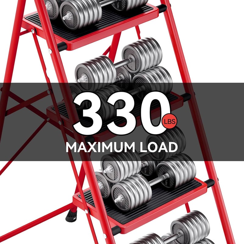 KINGRACK Step Ladder, Folding Ladder with Non-Slip and Wide Pedal, Small Ladders with Handle, Heavy Duty Steel Ladder, Lightweight Step Ladder (Red, 4 Step Ladder) - Image 3